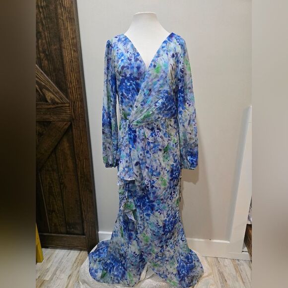 Adrianna Papell Abstract Floral Chiffon Gown NWT Size 14 Blue And White - Picture 3 of 5